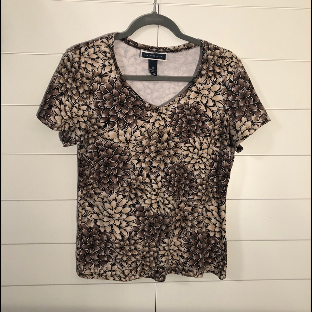 Brown beige tan and black M blouse flowers